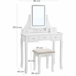 VASAGLE Coiffeuse Avec Miroir Avec LED 3 Couleurs, Table De Maquillage, Avec 5 Tiroirs Et 1 Organisateur De Rangement Amovible, Pieds En Bois Massif, Avec Tabouret, Blanc Par SONGMICS RDT25WL - Blanc -SONGMICS Soldes 20033456 5