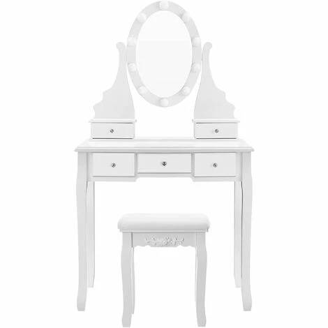 VASAGLE Coiffeuse Avec Miroir Et Ampoules, Table De Maquillage, Avec 5 Tiroirs, Rangement Cosmétique, Pieds En Bois Massif, Avec Tabouret, Blanc Par SONGMICS RDT09WL - Blanc 3 VASAGLE Coiffeuse Avec Miroir Et Ampoules, Table De Maquillage, Avec 5 Tiroirs, Rangement Cosmétique, Pieds En Bois Massif, Avec Tabouret, Blanc Par SONGMICS RDT09WL - Blanc