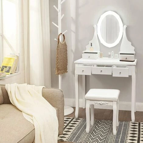 VASAGLE Coiffeuse Avec Miroir Et Ampoules, Table De Maquillage, Avec 5 Tiroirs, Rangement Cosmétique, Pieds En Bois Massif, Avec Tabouret, Blanc Par SONGMICS RDT09WL - Blanc 4 VASAGLE Coiffeuse Avec Miroir Et Ampoules, Table De Maquillage, Avec 5 Tiroirs, Rangement Cosmétique, Pieds En Bois Massif, Avec Tabouret, Blanc Par SONGMICS RDT09WL - Blanc – Image 2