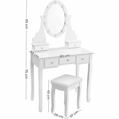 VASAGLE Coiffeuse Avec Miroir Et Ampoules, Table De Maquillage, Avec 5 Tiroirs, Rangement Cosmétique, Pieds En Bois Massif, Avec Tabouret, Blanc Par SONGMICS RDT09WL - Blanc 7 VASAGLE Coiffeuse Avec Miroir Et Ampoules, Table De Maquillage, Avec 5 Tiroirs, Rangement Cosmétique, Pieds En Bois Massif, Avec Tabouret, Blanc Par SONGMICS RDT09WL - Blanc – Image 5