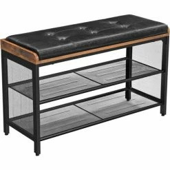 VASAGLE Banc à Chaussures, Banquette Rembourrée Avec Étagères En Maille, Rangement à Chaussures, Couloir, Entrée, Gain De Place, Métal, Industriel, Similicuir Noir, Marron Rustique Par SONGMICS LBS75X - Marron Rustique