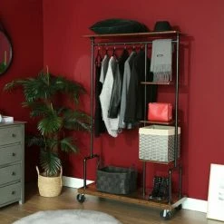 VASAGLE Portemanteau Mobile, Vestiaire Sur Roulettes, Meuble D’Entrée, Portant à Vêtements à 5 Niveaux, Structure Métallique, Marron Rustique Par SONGMICS HSR66BX - Marron Rustique -SONGMICS Soldes 20089705 3