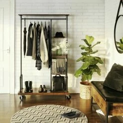 VASAGLE Portemanteau Mobile, Vestiaire Sur Roulettes, Meuble D’Entrée, Portant à Vêtements à 5 Niveaux, Structure Métallique, Marron Rustique Par SONGMICS HSR66BX - Marron Rustique -SONGMICS Soldes 20089705 4