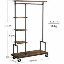 VASAGLE Portemanteau Mobile, Vestiaire Sur Roulettes, Meuble D’Entrée, Portant à Vêtements à 5 Niveaux, Structure Métallique, Marron Rustique Par SONGMICS HSR66BX - Marron Rustique -SONGMICS Soldes 20089705 5