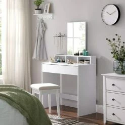 VASAGLE Coiffeuse Avec Miroir Rectangulaire, Table De Maquillage, Avec 2 Tiroirs Et 3 Compartiments De Rangement, Style Moderne, Blanc Par SONGMICS RDT113W01 - Blanc -SONGMICS Soldes 20504784 2