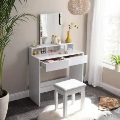 VASAGLE Coiffeuse Avec Miroir Rectangulaire, Table De Maquillage, Avec 2 Tiroirs Et 3 Compartiments De Rangement, Style Moderne, Blanc Par SONGMICS RDT113W01 - Blanc -SONGMICS Soldes 20504784 3