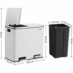 SONGMICS Poubelle De Recyclage, Poubelle Double Seau, 2 X 24L, 2 Compartiments, Mécanisme Tampon, Pédales, Couvercle, Acier, Seau Intérieur En Plastique, Poignée De Transport, Blanc LTB48WT -SONGMICS Soldes 21379885 5