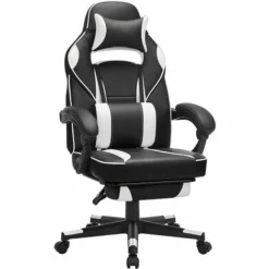 SONGMICS Fauteuil Gamer, Chaise Gaming, Siège De Bureau Réglable, Avec Repose-Pieds Télescopique, Ergonomique, Mécanisme Basculent, Appui-tête, Support Lombaire, Charge 150 Kg, Noir Et Blanc OBG73BW