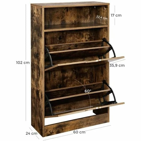 VASAGLE Meuble à Chaussures 2 Abattants, Étagère à Chaussures à 3 Niveaux, Avec 1 Compartiment Ouvert, Placage Mélaminé Facile à Nettoyer, 60 X 24 X 102 Cm, Marron Rustique Par SONGMICS LBC040X01 7 VASAGLE Meuble à Chaussures 2 Abattants, Étagère à Chaussures à 3 Niveaux, Avec 1 Compartiment Ouvert, Placage Mélaminé Facile à Nettoyer, 60 X 24 X 102 Cm, Marron Rustique Par SONGMICS LBC040X01 – Image 5