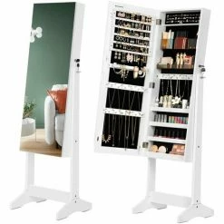 SONGMICS Armoire à Bijoux Sur Pied, Range-bijoux Avec 2 Organiseurs Cosmétiques, à Suspendre, Miroir Psyché Sans Cadre, Avec Serrure Et Clés, Blanc JJC002W01 - Blanc