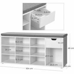 VASAGLE Banc à Chaussures, Banc De Rangement, Avec Tiroir Et Compartiments Ouverts, Étagère à Chaussures, Siège Rembourré, Pour Couloir, Entrée, Chambre à Coucher, 104 X 30 X 48 Cm, Blanc Par SONGMICS LHS24WT - Blanc -SONGMICS Soldes 22958768 5