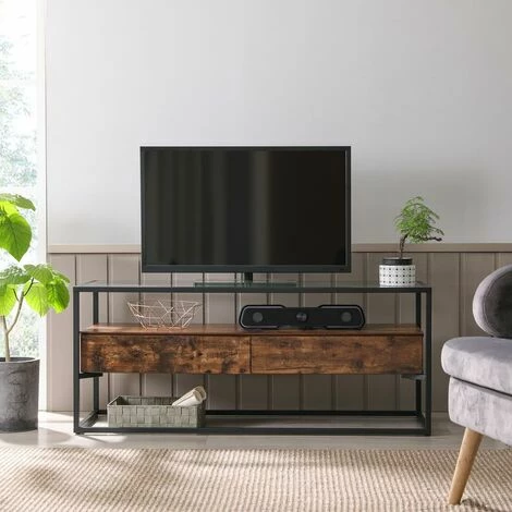 VASAGLE Meuble TV Pour Télévision Jusqu’à 55 Pouces, Support Télé Avec 2 Tiroirs, Buffet, Dessus En Verre Trempé, Stable, Pour Chambre, Salon, Style Industriel, Marron Rustique Et Noir Par SONGMICS LTV051B01 - Marron Rustique Et Noir 3 VASAGLE Meuble TV Pour Télévision Jusqu’à 55 Pouces, Support Télé Avec 2 Tiroirs, Buffet, Dessus En Verre Trempé, Stable, Pour Chambre, Salon, Style Industriel, Marron Rustique Et Noir Par SONGMICS LTV051B01 - Marron Rustique Et Noir