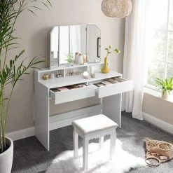 VASAGLE Coiffeuse Avec Miroir Pliable, Table De Maquillage, Avec 2 Tiroirs Et 3 Compartiments De Rangement, Style Moderne, Blanc Par SONGMICS RDT115W01 - Blanc -SONGMICS Soldes 23019538 3