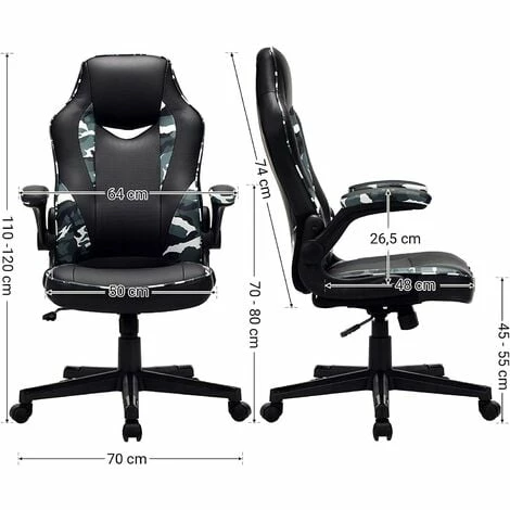 SONGMICS Chaise De Bureau, Fauteuil Gamer, Siège Ergonomique Pivotant, Avec Accoudoirs Rabattables, Hauteur Réglable Et Inclinaison Libre, Charge 150 Kg, Noir Et Camouflage OBG064B02 - Noir Et Camouflage 7 SONGMICS Chaise De Bureau, Fauteuil Gamer, Siège Ergonomique Pivotant, Avec Accoudoirs Rabattables, Hauteur Réglable Et Inclinaison Libre, Charge 150 Kg, Noir Et Camouflage OBG064B02 - Noir Et Camouflage – Image 5