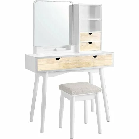 VASAGLE Coiffeuse Avec Grand Miroir, Table De Maquillage Avec 4 Tiroirs, 2 Compartiments Ouverts Et 1 Organisateur De Rangement Amovible, Avec Tabouret, Blanc Et Couleur Boisée Par SONGMICS RDT32K - Blanc Et Couleur Boisée 3 VASAGLE Coiffeuse Avec Grand Miroir, Table De Maquillage Avec 4 Tiroirs, 2 Compartiments Ouverts Et 1 Organisateur De Rangement Amovible, Avec Tabouret, Blanc Et Couleur Boisée Par SONGMICS RDT32K - Blanc Et Couleur Boisée