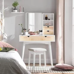 VASAGLE Coiffeuse Avec Grand Miroir, Table De Maquillage Avec 4 Tiroirs, 2 Compartiments Ouverts Et 1 Organisateur De Rangement Amovible, Avec Tabouret, Blanc Et Couleur Boisée Par SONGMICS RDT32K - Blanc Et Couleur Boisée 8 VASAGLE Coiffeuse Avec Grand Miroir, Table De Maquillage Avec 4 Tiroirs, 2 Compartiments Ouverts Et 1 Organisateur De Rangement Amovible, Avec Tabouret, Blanc Et Couleur Boisée Par SONGMICS RDT32K - Blanc Et Couleur Boisée -SONGMICS Soldes 23657523 2