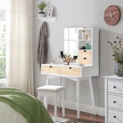 VASAGLE Coiffeuse Avec Grand Miroir, Table De Maquillage Avec 4 Tiroirs, 2 Compartiments Ouverts Et 1 Organisateur De Rangement Amovible, Avec Tabouret, Blanc Et Couleur Boisée Par SONGMICS RDT32K - Blanc Et Couleur Boisée 9 VASAGLE Coiffeuse Avec Grand Miroir, Table De Maquillage Avec 4 Tiroirs, 2 Compartiments Ouverts Et 1 Organisateur De Rangement Amovible, Avec Tabouret, Blanc Et Couleur Boisée Par SONGMICS RDT32K - Blanc Et Couleur Boisée -SONGMICS Soldes 23657523 3