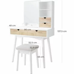 VASAGLE Coiffeuse Avec Grand Miroir, Table De Maquillage Avec 4 Tiroirs, 2 Compartiments Ouverts Et 1 Organisateur De Rangement Amovible, Avec Tabouret, Blanc Et Couleur Boisée Par SONGMICS RDT32K - Blanc Et Couleur Boisée 11 VASAGLE Coiffeuse Avec Grand Miroir, Table De Maquillage Avec 4 Tiroirs, 2 Compartiments Ouverts Et 1 Organisateur De Rangement Amovible, Avec Tabouret, Blanc Et Couleur Boisée Par SONGMICS RDT32K - Blanc Et Couleur Boisée -SONGMICS Soldes 23657523 5