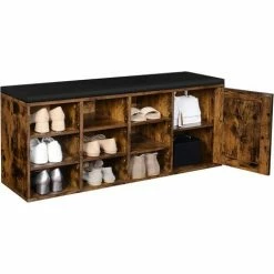 VASAGLE Banc à Chaussures, Étagère à Chaussures, Meuble De Rangement, 9 Compartiments Ouverts Et 1 Placard, Avec Porte Style Grange, Coussin Rembourré, 110 X 30 X 48 Cm, Marron Rustique Par SONGMICS LHS058X01 - Marron Rustique -SONGMICS Soldes 23756237 3