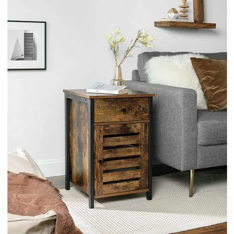 VASAGLE Table D'appoint Avec Tiroir, Bout De Canapé Fin, Meuble De Rangement, Porte à Persienne, Pour Chambre, Salon, Cadre En Métal, Style Industriel, Marron Rustique Et Noir Par SONGMICS LET063B01 - Marron Rustique Et Noir 5 VASAGLE Table D'appoint Avec Tiroir, Bout De Canapé Fin, Meuble De Rangement, Porte à Persienne, Pour Chambre, Salon, Cadre En Métal, Style Industriel, Marron Rustique Et Noir Par SONGMICS LET063B01 - Marron Rustique Et Noir – Image 3
