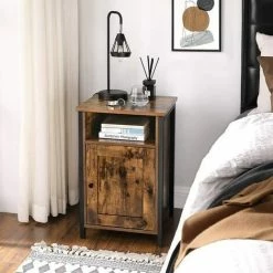 VASAGLE Table De Chevet, Table D’appoint, Meuble De Rangement, Compartiment Ouvert, Avec Porte, Cadre En Métal, Style Industriel, Pour Salon, Chambre, Marron Rustique Et Noir Par SONGMICS LET065B01 - Marron Rustique Et Noir -SONGMICS Soldes 23756247 2