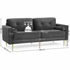 VASAGLE Canapé 3 Places, Surface En Velours, Pour Salon, Appartement, Petit Espace, Cadre En Bois Massif, Pieds En Métal, Assemblage Facile, Moderne, 183 X 78 X 88 Cm, Gris Par SONGMICS LCS001G01 - Gris -SONGMICS Soldes 23756255 5