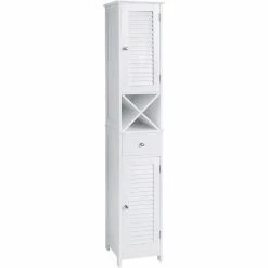 VASAGLE Meuble De Salle De Bain, Placard De Rangement, Armoire Haut, Avec Portes à Persienne, Tiroir, Support Amovible En Forme De X, 32 X 30 X 170 Cm, Style Scandinave, Blanc Par SONGMICS BBC69WT - Blanc