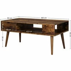 VASAGLE Table Basse Avec Rangements, Tiroir, Compartiment Ouvert, Pieds Longs, Pour Salon, Salle à Manger, 100 X 50 X 45 Cm, Marron Rustique Par SONGMICS LCT028X01 - Marron Rustique -SONGMICS Soldes 23974625 5
