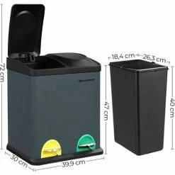 SONGMICS Poubelle De Recyclage 30L, Poubelle De Tri, Avec Pétales, En Acier, 2 Compartiments, 2 X 15L Seaux Intérieurs Amovibles, Pétales Colorées, Pour Cuisine, Salon, Gris Anthracite Et Noir LTB30G - Gris Anthracite Et Noir -SONGMICS Soldes 25290513 5