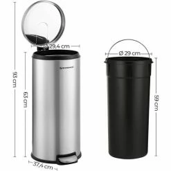 SONGMICS Poubelle à Pédale 30L, En Acier Inoxydable, Avec Seau Intérieur Et Couvercle En Plastique, Fermeture Douce, Anti-trace De Doigt, Pour Cuisine, Salon, Bureau, Argenté LTB006E01 - Argenté -SONGMICS Soldes 26039042 5