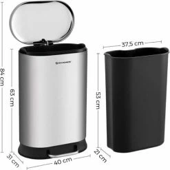 Poubelle à Pédale 30L, En Acier Inoxydable, Avec Seau Intérieur Et Couvercle En Plastique, Fermeture Douce, Anti-trace De Doigt, Pour Cuisine, Salon, Bureau, Argenté Par SONGMICS LTB004E01 - Argenté -SONGMICS Soldes 26112577 5