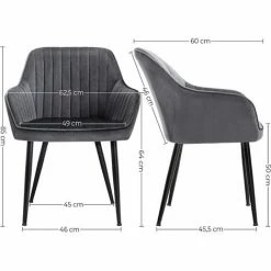 SONGMICS Chaise De Salle à Manger, Fauteuil, Siège Rembourrée, Avec Accoudoirs, Largeur D’assise 49 Cm, Pieds En Métal, Revêtement En Velours, Charge 110 Kg, Pour Salon, Chambre, Gris LDC087G01 - Gris -SONGMICS Soldes 26850462 5