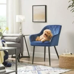 SONGMICS Chaise De Salle à Manger, Fauteuil, Siège Rembourrée, Avec Accoudoirs, Largeur D’assise 49 Cm, Pieds En Métal, Revêtement En Velours, Charge 110 Kg, Pour Salon, Chambre, Bleu LDC088Q01 - Bleu