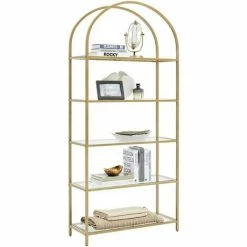 VASAGLE Étagère De Rangement à 5 étagères, En Verre Trempé, Bibliothèque, Avec Dessus Arqué, Cadre En Acier Robuste, Pour Salon, Chambre, Bureau, Doré Par SONGMICS LGT050A01 - Doré -SONGMICS Soldes 27421885 3