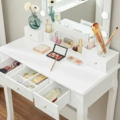 VASAGLE Ensemble De Coiffeuse, Table De Maquillage Avec Tabouret Rembourré, 10 Ampoules LED, Organisateur Amovible à 6 Cases, 5 Tiroirs, 1 Séparateur De Tiroir, Cadeau, Pour Chambre, Blanc Par SONGMICS RDT170W01 - Blanc -SONGMICS Soldes 27615593 3