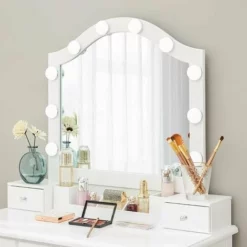 VASAGLE Ensemble De Coiffeuse, Table De Maquillage Avec Tabouret Rembourré, 10 Ampoules LED, Organisateur Amovible à 6 Cases, 5 Tiroirs, 1 Séparateur De Tiroir, Cadeau, Pour Chambre, Blanc Par SONGMICS RDT170W01 - Blanc -SONGMICS Soldes 27615593 4