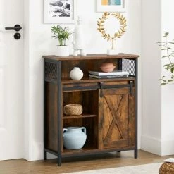 VASAGLE Meuble De Rangement, Buffet, Avec Porte De Grange Coulissante, Compartiment Ouvert, étagère Réglable, Style Industriel, Pour Entrée, Salon, Cuisine, Bureau, Marron Rustique Et Noir Par SONGMICS LSC089B01 - Marron Rustique Et Noir -SONGMICS Soldes 28067297 2