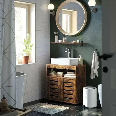 SONGMICS VASAGLE Meuble Sous Lavabo, Meuble De Salle De Bain, Placard De Rangement, 60 X 30 X 63 Cm, Avec 2 Portes Persiennes, Planche Réglable, Brun Rustique BBK04BX - Marron Rustique 4 SONGMICS VASAGLE Meuble Sous Lavabo, Meuble De Salle De Bain, Placard De Rangement, 60 X 30 X 63 Cm, Avec 2 Portes Persiennes, Planche Réglable, Brun Rustique BBK04BX - Marron Rustique – Image 2