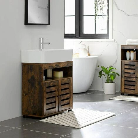 SONGMICS VASAGLE Meuble Sous Lavabo, Meuble De Salle De Bain, Placard De Rangement, 60 X 30 X 63 Cm, Avec 2 Portes Persiennes, Planche Réglable, Brun Rustique BBK04BX - Marron Rustique 5 SONGMICS VASAGLE Meuble Sous Lavabo, Meuble De Salle De Bain, Placard De Rangement, 60 X 30 X 63 Cm, Avec 2 Portes Persiennes, Planche Réglable, Brun Rustique BBK04BX - Marron Rustique – Image 3