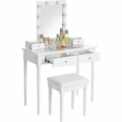 VASAGLE Ensemble De Coiffeuse, Table De Maquillage Avec Tabouret, 10 Ampoules à Intensité Variable, 2 Grands Tiroirs, 2 Petits Tiroirs, Dessus En Verre Trempé Transparent, Cadeau, Blanc Par SONGMICS RDT172W01 - Blanc -SONGMICS Soldes 28260506 2
