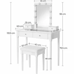 VASAGLE Ensemble De Coiffeuse, Table De Maquillage Avec Tabouret, 10 Ampoules à Intensité Variable, 2 Grands Tiroirs, 2 Petits Tiroirs, Dessus En Verre Trempé Transparent, Cadeau, Blanc Par SONGMICS RDT172W01 - Blanc -SONGMICS Soldes 28260506 5