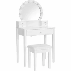 VASAGLE Coiffeuse Avec Miroir, 10 Ampoules à Intensité Réglable, Table De Maquillage Moderne Avec Tabouret Rembourré Et 5 Tiroirs, 70 X 40 X 134 Cm, Ensemble De Coiffeuse, Idée Cadeau, Blanc Par SONGMICS RDT151W01 - Blanc -SONGMICS Soldes 28555280 2