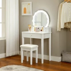 VASAGLE Coiffeuse Avec Miroir, 10 Ampoules à Intensité Réglable, Table De Maquillage Moderne Avec Tabouret Rembourré Et 5 Tiroirs, 70 X 40 X 134 Cm, Ensemble De Coiffeuse, Idée Cadeau, Blanc Par SONGMICS RDT151W01 - Blanc -SONGMICS Soldes 28555280 3