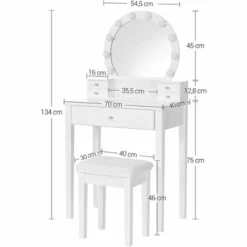VASAGLE Coiffeuse Avec Miroir, 10 Ampoules à Intensité Réglable, Table De Maquillage Moderne Avec Tabouret Rembourré Et 5 Tiroirs, 70 X 40 X 134 Cm, Ensemble De Coiffeuse, Idée Cadeau, Blanc Par SONGMICS RDT151W01 - Blanc -SONGMICS Soldes 28555280 5
