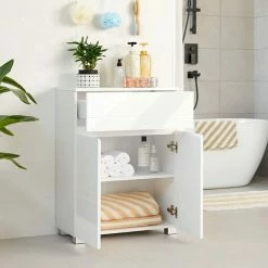SONGMICS VASAGLE Meuble De Salle De Bain Sur Pied, Meuble De Rangement Avec Tiroir, Armoire à Double Porte, étagère Réglable, Pour Entrée, Couloir, 60 X 30 X 80 Cm, Blanc BBK140W01 - Blanc -SONGMICS Soldes 29032360 4