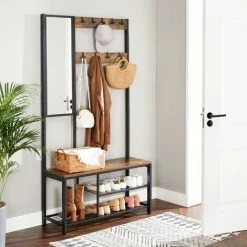 VASAGLE Portemanteau, Vestiaire, Meuble D’entrée, Avec Crochets, Miroir, étagères, Banc, Hauteur 185 Cm, Pour Salon, Cadre En Acier, Montage Facile, Style Industriel, Marron Rustique Et Noir Par SONGMICS HSR050B01 - Marron Rustique Et Noir