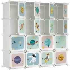 SONGMICS Armoire Modulable, Placard De Rangement Portable, Organisateur Vêtements Enfant, Avec 16 Cubes, 4 Rails Suspendus, 123 X 41 X 123 Cm, Blanc LPC905W01 - Blanc