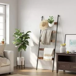 VASAGLE Étagère échelle Inclinée, Porte-Serviettes, 5 Niveaux, Largeur 65 Cm, Cadre En Acier, Pour Couvertures, Serviettes, Foulards, Style Industriel, Marron Rustique Et Noir Par SONGMICS LLS011B01 - Marron Rustique Et Noir -SONGMICS Soldes 29544817 3