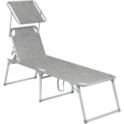 SONGMICS Chaise Longue, Bain De Soleil, Transat De Relaxation, Chaise De Jardin Pliable, Grand Modèle, 65 X 200 X 48 Cm, Charge 150 Kg, Avec Dossier Et Parasol Inclinables, Pliable, Pour Jardin, Balcon, Gris Chiné GCB26TG - Gris Chiné
