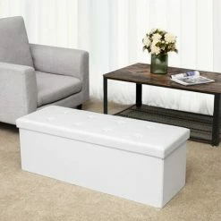 SONGMICS 110 X 38 X 38 Cm Grand Pouf Coffre De Rangement Pliable Chargement Max. De 300 Kg Blanc LSF702